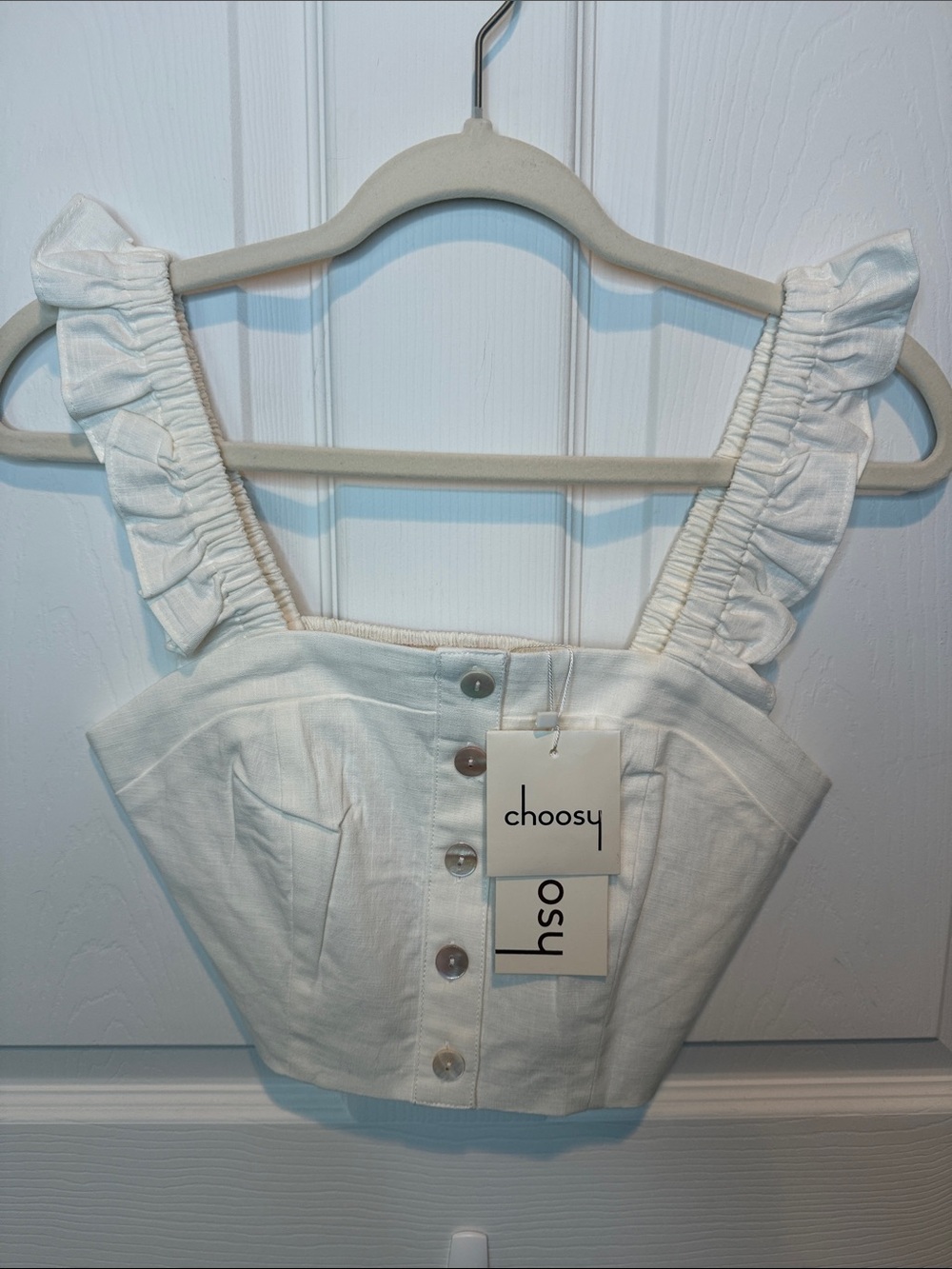 Choosy Ivory Ruffle-Strap Button Front Crop Top